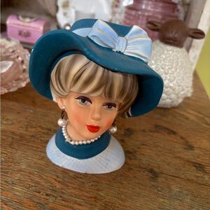 Elegant Teal and White Hat Vintage Napco Figurine Lady Head Vase